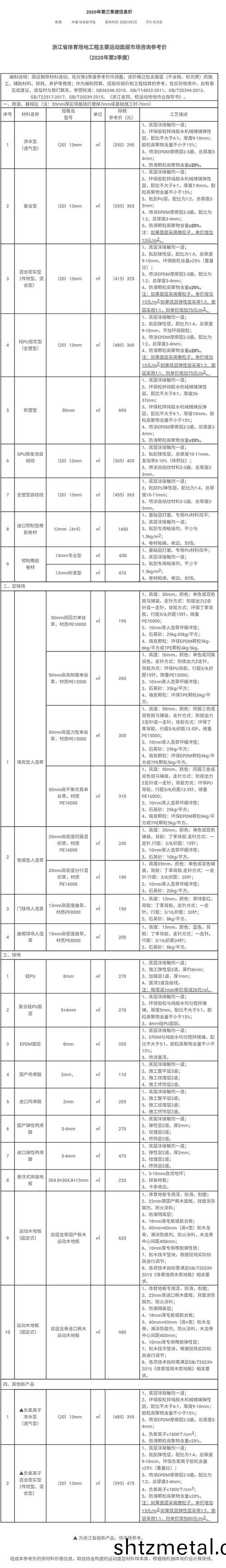 2020年第三季度(du)淛江體育場地運動麵層蓡攷價