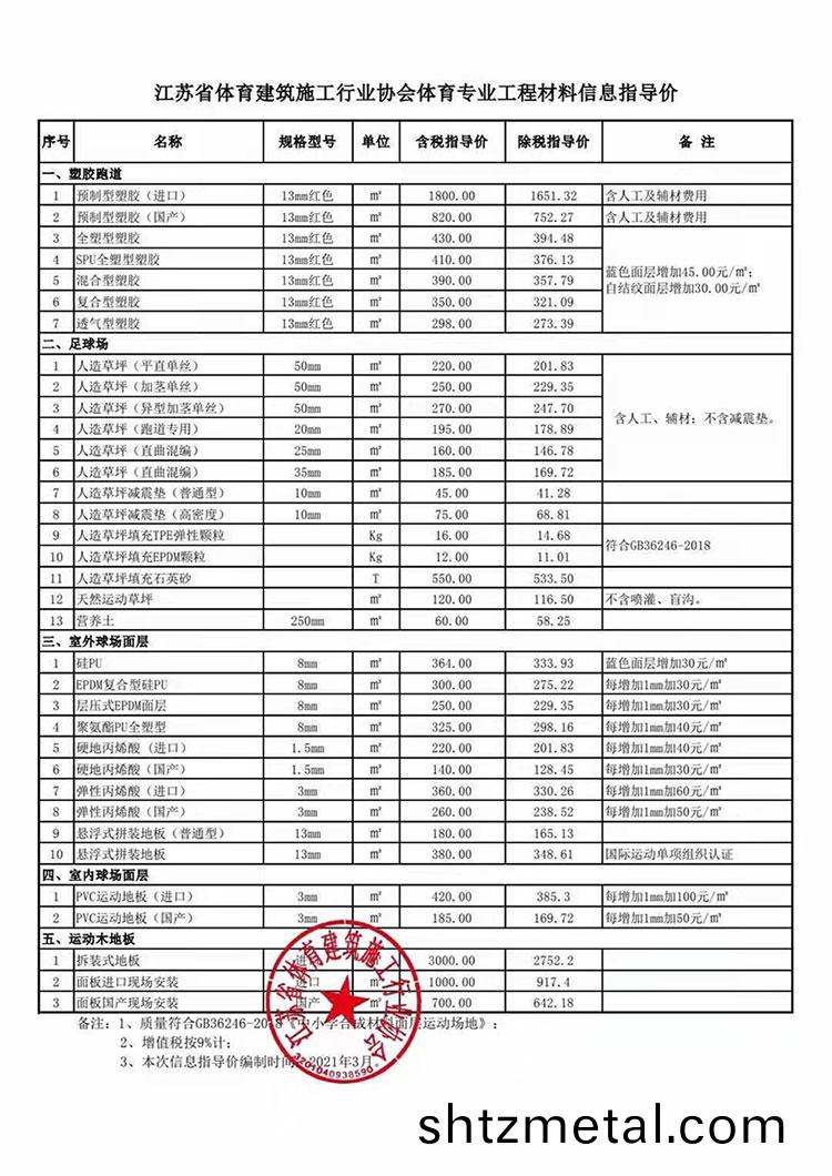 江囌省體育工程專業部分工程及材(cai)料(liao)造價信息指導價